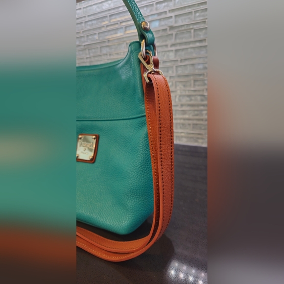 🎀 Valentina Turquoise and Tan Pebble Leather Shoulder Bag with Gold Accents - Picture 17 of 17